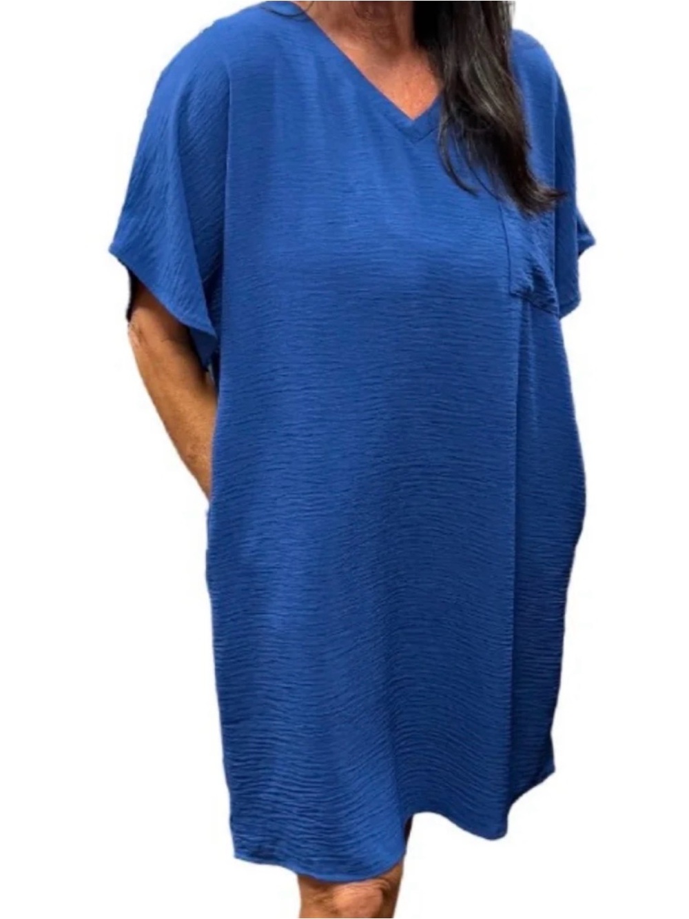 Zenana Woven Airflow V-Neck T-Shirt Dress with Pockets in Royal Blue